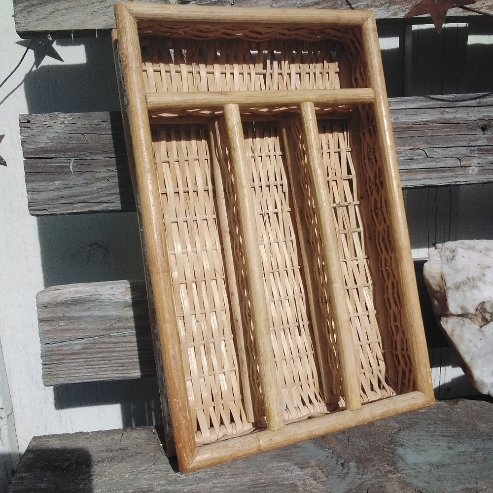 5 For $50🔥  Vintage Woven Bamboo Cutlery Or Desk Tray W Added Ribbon Trim - Picture 2 of 10